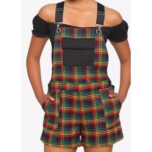 Hot topic Rainbow grid utility shortalls rainbow plaid Size Medium Kidcore